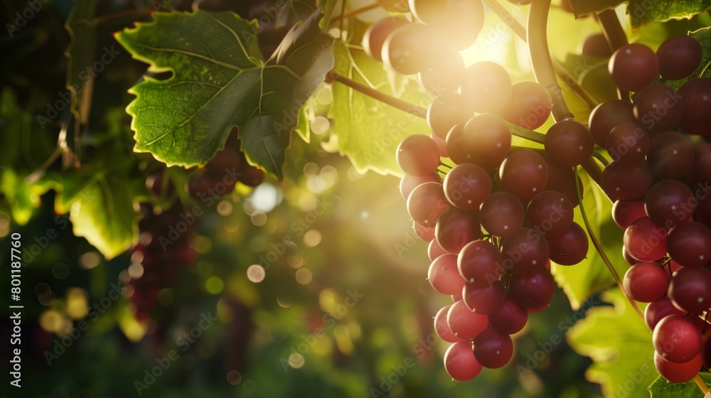 Poster A lush bunch of grapes hanging from a vine, with dappled sunlight filtering through the leaves in a vineyard 