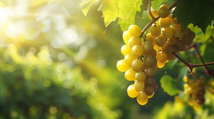 A lush bunch of grapes hanging from a vine, with dappled sunlight filtering through the leaves in a...