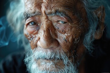 Elderly man with weathered face close-up. Macro portrait with dramatic lighting.