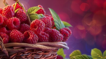  A pile of freshly picked raspberries nestled in a woven basket, with leaves and stems adding a touch of rustic charm 