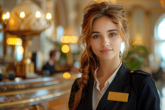 Portrait of a young female hotel receptionist with a name tag in an elegant lobby.