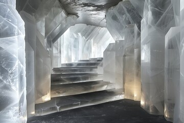 Scenic view of an ice-covered staircase and ice walls, AI-generated.