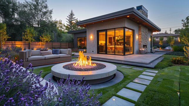 Modern backyard with outdoor seating, fire pit, and landscaping at dusk.