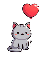 Adorable Cartoon Gray Cat With a Red Heart-Shaped Balloon
