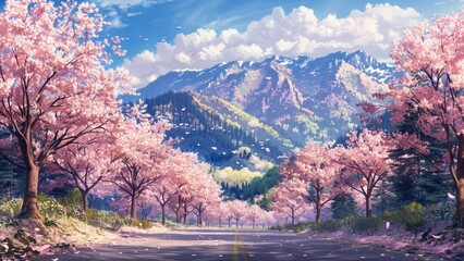 beautiful landscape scene of the road to the mountain with the cherry blossom tree along in both...