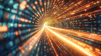 Visualization of a high-speed digital data transfer through a tunnel of light, symbolizing the rapid movement of information in a connected world.