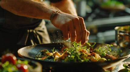 Chef cooking in a restaurant kitchen. Stir-frying vegetables in a wok with flames