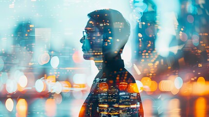 Businessman Embracing Modern Technology: Double Exposure Concept