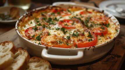 Tomato and cheese baked dish in a cast iron skillet. Rustic kitchen setting.