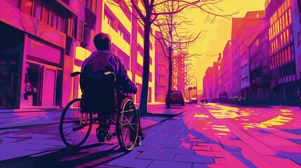 Person in a wheelchair navigating a poorly designed urban area, highlighting accessibility issues, sharp contrast in colors to emphasize barriers 