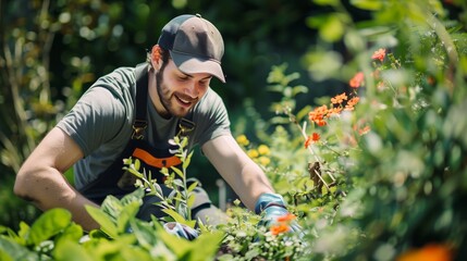 Professional gardener battling invasive species in a beautiful garden, focus on intense actions and vibrant plant colors 