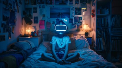 Obraz premium Teenager using virtual reality in a cluttered, small bedroom, immersed in a digital world, contrast between dark room and glowing VR lights 