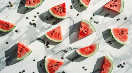 Slices of ripe watermelon arranged in a geometric pattern on a white marble surface, with seeds scattered artfully 