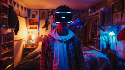 Teenager using virtual reality in a cluttered, small bedroom, immersed in a digital world, contrast between dark room and glowing VR lights 