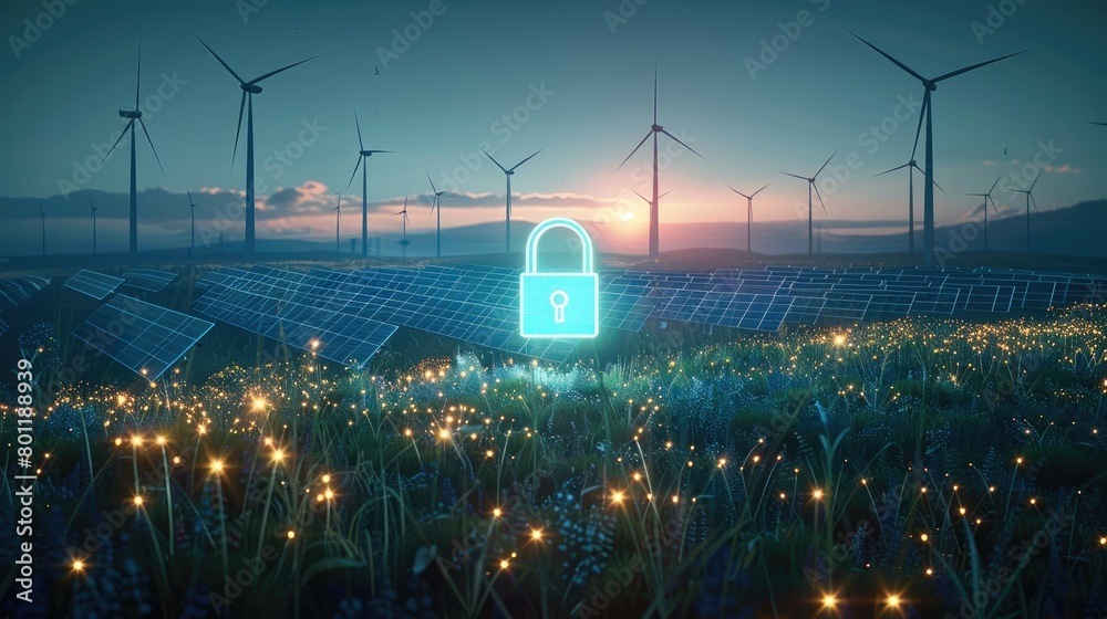 Aufkleber An empty grass field at night with solar panels and wind turbines with a blue 3d lock floating in the front center, unreal engine. Generative AI.