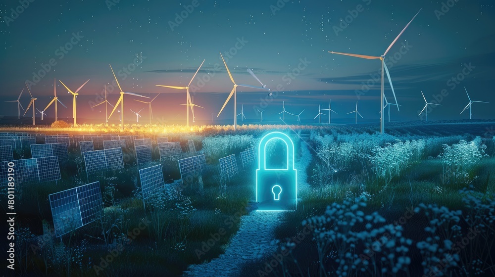 Poster An empty grass field at night with solar panels and wind turbines with a blue 3d lock floating in the front center, unreal engine. Generative AI.