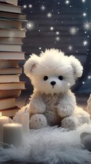A cute and cuddly teddy bear sits on a fluffy white rug