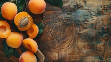 Fresh apricots on rustic wooden background. Top view food photography with natural light