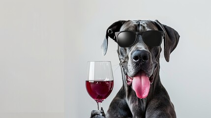 dog dane wearing sunglasses and holding a glass of red wine, pastel background banner