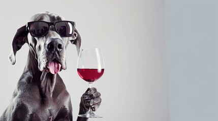 dog dane wearing sunglasses and holding a glass of red wine, pastel background banner - obrazy, fototapety, plakaty
