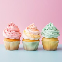 Three cupcakes with different colored frosting.