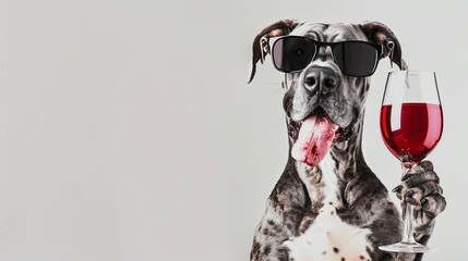 dog dane wearing sunglasses and holding a glass of red wine, pastel background banner