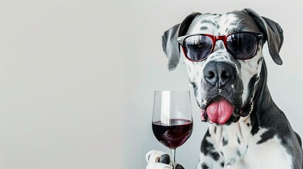  dog dane wearing sunglasses and holding a glass of red wine, banner
