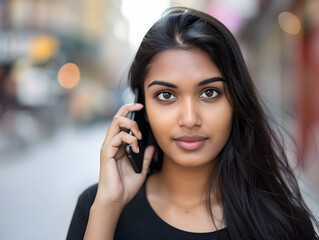 Portrait of a beautiful Indian young woman tourist in the street talking on her phone