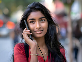 Portrait of a beautiful Indian young woman tourist in the street talking on her phone