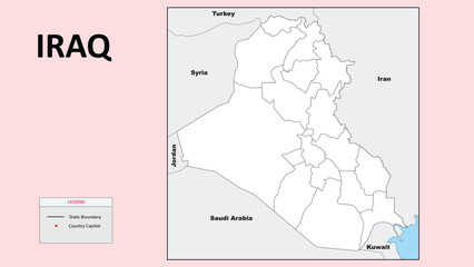 Iraq Map. State and district map of Iraq. Political map of Iraq with outline and black and white design.