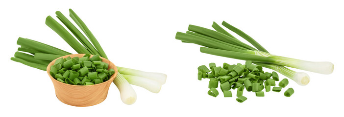 Green onion in wooden bowl isolated on the white background with full depth of field