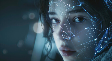 A closeup of an AI facial biometric system in action, with lines and data flowing across the face of one woman to have her identity verified. A futuristic tech background is visible behind her.