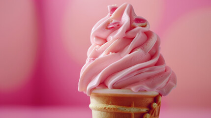 A pink ice cream cone with pink swirls on top