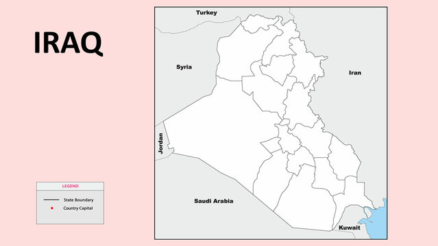 Iraq Map. State and district map of Iraq. Political map of Iraq with outline and black and white design.