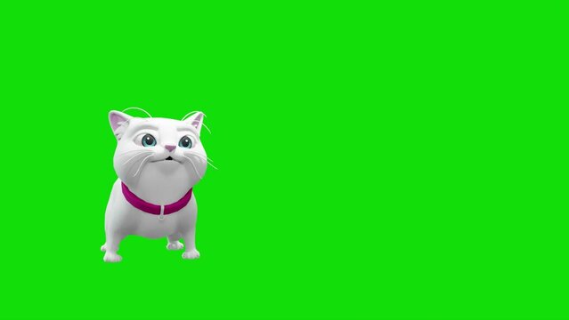 3D character animation of a cute white cartoon cat meowing against a green screen background. Ideal for video projects requiring high-quality animal animations and green screen compositing.