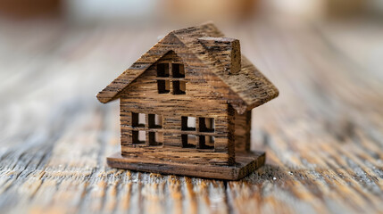 A charming log cabin building with hardwood siding and a shingled roof is displayed on a wooden table, featuring intricate window and door art