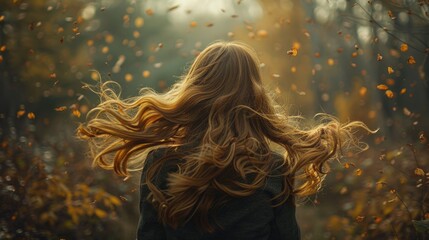 Autumn Serenity: Woman with Flowing Hair Amidst Falling Leaves