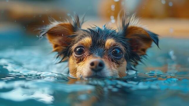 A cute yellow and black Miniature pinscher dog swimming in the water