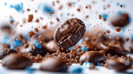 Coffee beans and blue plastic pieces floating in the air on white background. Generative AI.