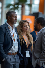 Black businessmen talk to each other.