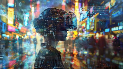 Person Immersed in Virtual Reality Technology with Futuristic Mixed Media Elements