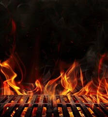 Intense flames and billowing smoke rise from a grill cooking food on charcoal