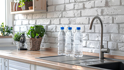 Bottles of clean water and sink on kitchen counter near white brick wall