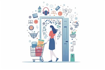 A woman is pushing her shopping cart, style of flat illustration