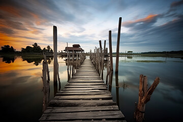 A tranquil sunset over a serene lake, with a rustic dock leading to a quaint shelter. Peaceful and picturesque