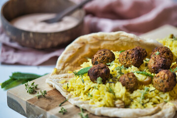 Falafel and Rice on Naan Bread
