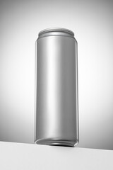 500 ml clean aluminum beverage can on the border of table. Hero view.