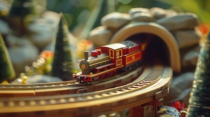 Wooden toy train chugging along miniature tracks, passing through a tunnel
