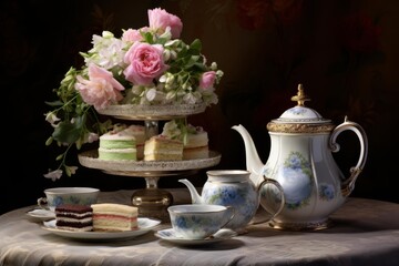 An elegant afternoon tea setting with a three-tiered cake stand, teapot, and teacups