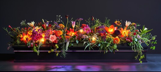 Black casket adorned with flowers and a glowing light